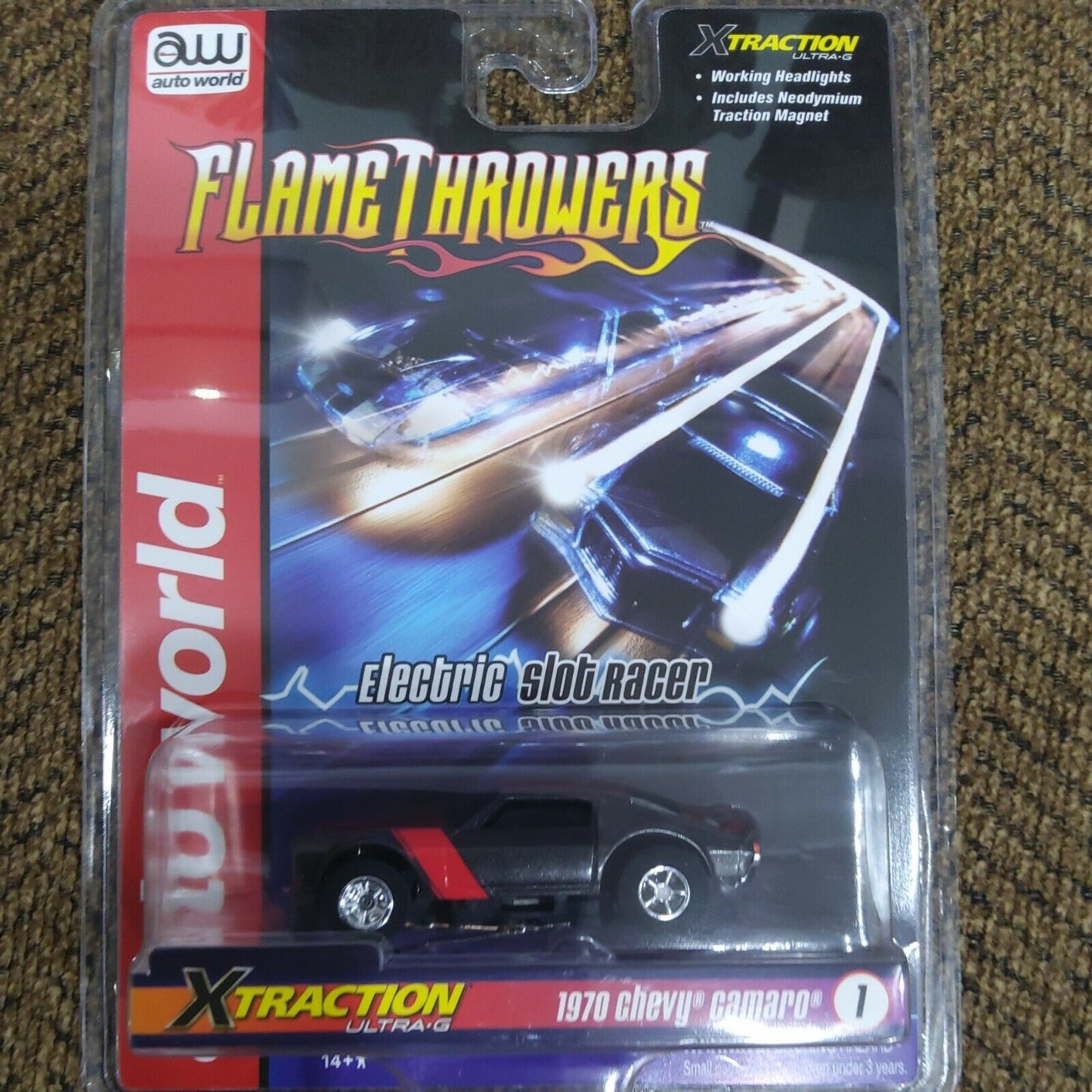 AUTO WORLD FLAME THROWER, '70 CHEVY CAMARO, DARK GRAY/RED, NEW X TRACTION SLOT