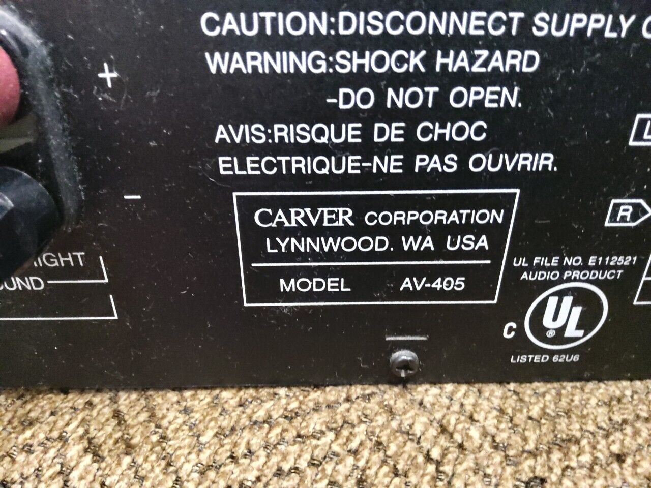 CARVER AV-405 5 Channel Power Amp Amplifier Rare Vintage Pro Audio Surround