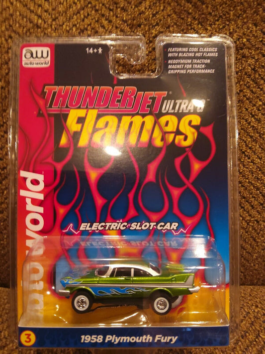 NEW Auto World 1958 Plymouth Fury Thunderjet Flames R29 HO Slot Car T-Jet SC353