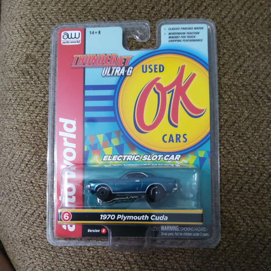 AUTO WORLD THUNDERJET SC377 1970 Plymouth Cuda Teal blue Green SLOT CAR R1