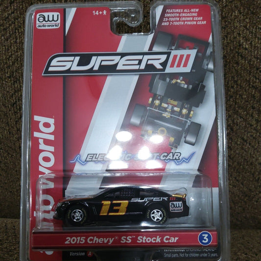 Auto World Super III 2015 Chevy SS Stock Car Black/Gold Version A HO Slot Car