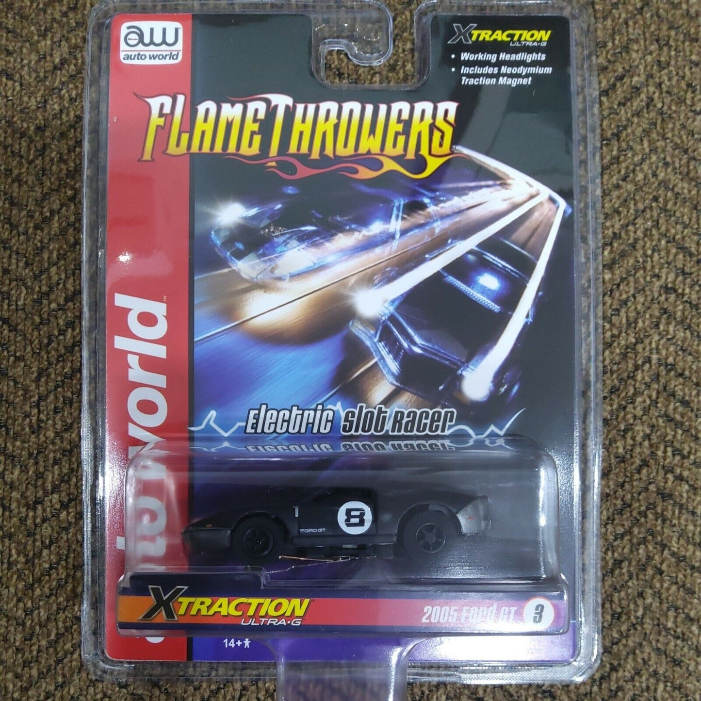  AUTO WORLD FLAME THROWER, '05 FORD GT, BLACK/SILVER # 8, NEW X TRACTION SLOT 